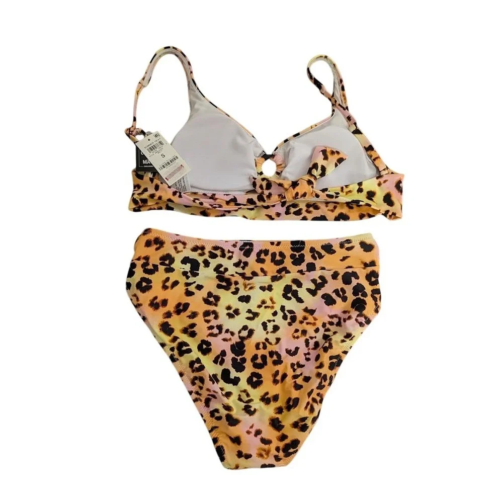 Bar III Womens Banded Ring Bikini Top High Rise Bottoms Leopard Print Size S NEW